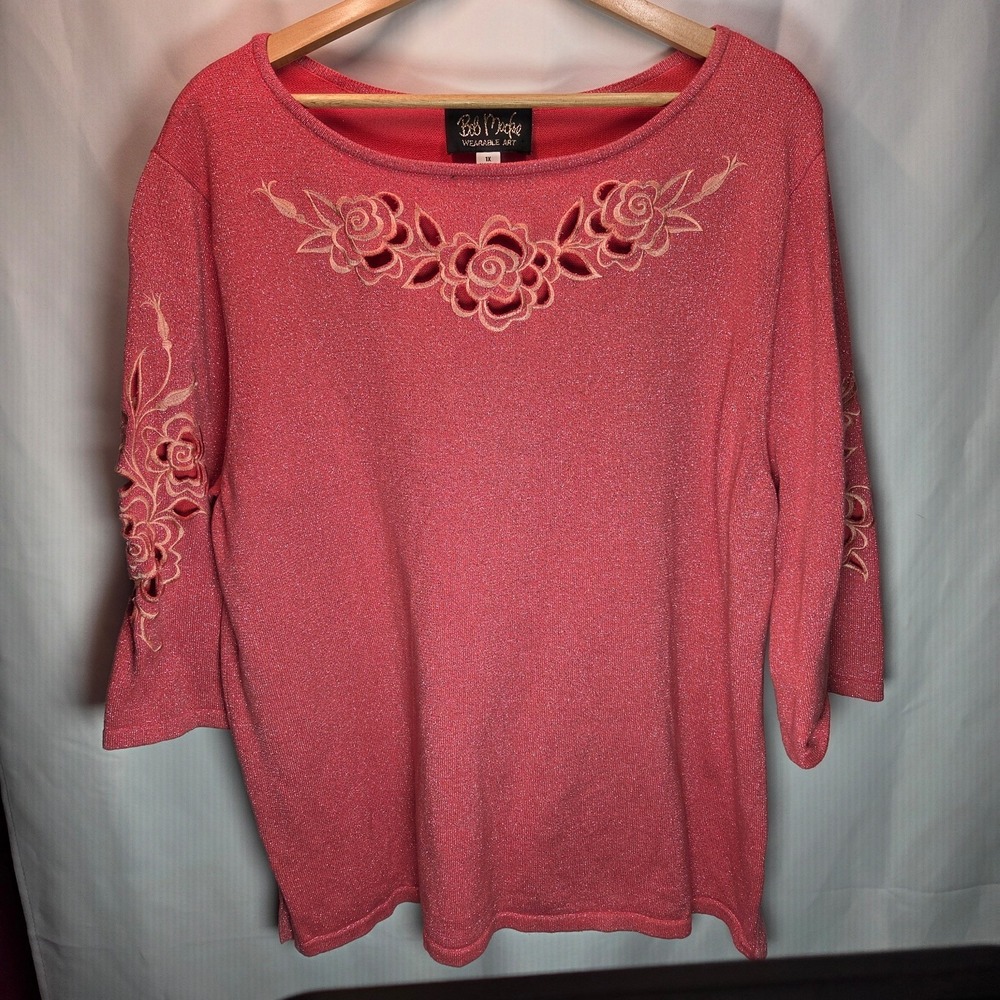 Vintage Bob Mackie Wearable Art Cut Out Sweater Size 1X Pink Metallic Floral
